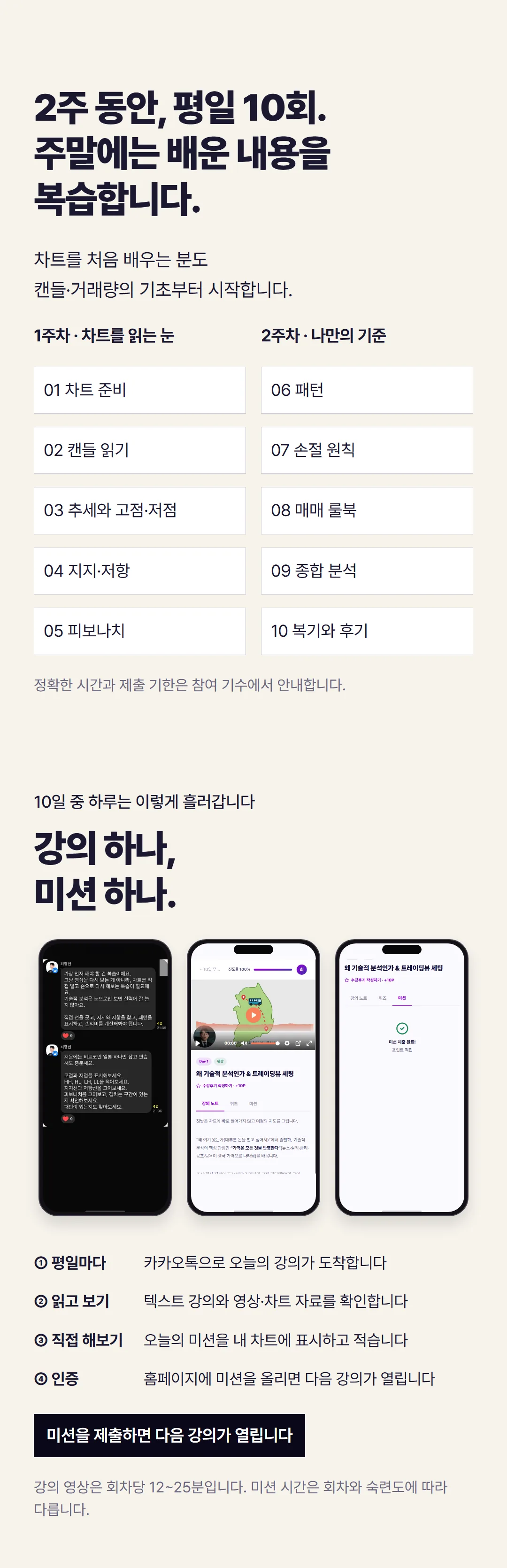 2주 동안 평일 10회 커리큘럼 지도와 하루의 흐름: 강의 하나, 미션 하나